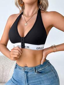 SHEIN 1件女款字母腰帶掛脖式前扣無鋼圈無墊胸罩 - 黑色 - 查看 3