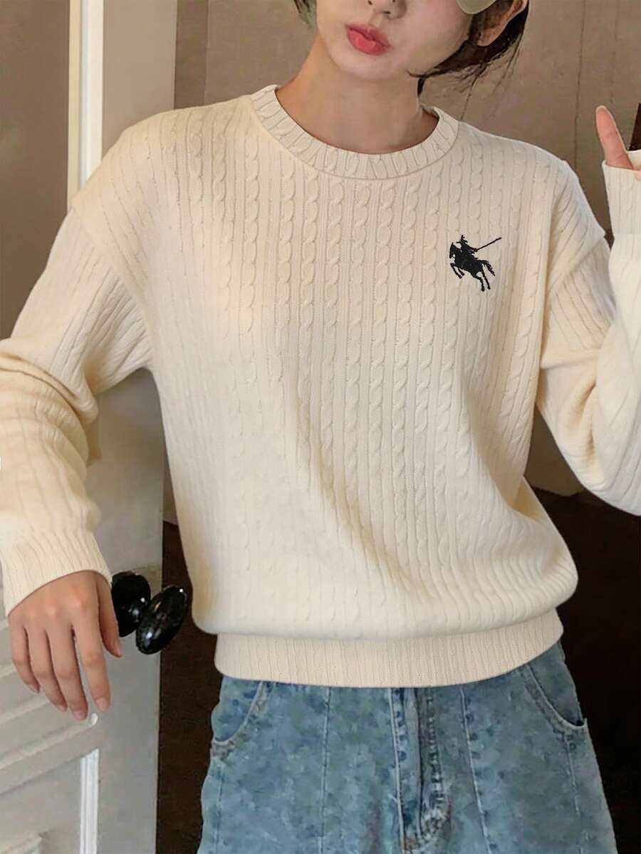 SHEIN 女童休閒圖案復古韓風拼接白色蕾絲刺繡領口衛衣,喇叭蕾絲袖口,適合校園、教師節、秋季 - 米色 - 查看 1