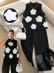 SHEIN Clasi Plus Size Women's 3D Floral Decor Top And Pants Casual Daily 2 Pieces Set - Black - View 10