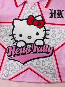 HELLO KITTY AND FRIENDS | SHEIN 1 buah Kaos Anak Perempuan Gaya Sporty yang Menyenangkan, Lengan Pendek Berkerah dengan Motif Kartun Leopard dan Bintang. - MultiWarna - View 4