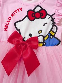 HELLO KITTY AND FRIENDS | SHEIN 女童字母卡通印花蝴蝶結裝飾網紗拼接休閒夏季洋裝 - 粉色 - 查看 4