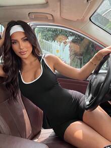 Glamine Charm Backless Hooded Slim Fit Athletic Romper - Black and White - View 6