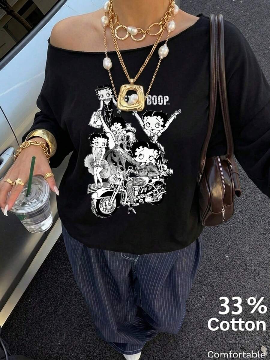 Betty Boop x SHEIN SHEIN EZwear 休閒寬鬆露肩卡通印花加厚衛衣,適合外出、街頭風、時尚、返校、Y2K、派對日常穿搭,秋季 - 黑色 - 查看 1