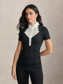 Activina Women's Stand Collar Black & White Mesh Patchwork Short Sleeve Button Half-Open Placket Equestrian Top Daily Wear  Pickleball Tennis Golf - Black and White - View 4