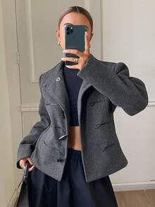 DAZY Solid Color Fitted Waist Horn Button High Neck Wide Long Sleeve Elegant Formal Holiday Autumn/Winter Overcoat Women's - Grey - View 3