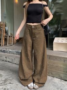 DAZY Rhinestone Embellished Loose Fit Casual Vacation Streetwear Spring Autumn Long Pants Women's Jeans - Khaki - View 4
