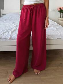 DAZY Women's Comfortable Casual Textured Drawstring Waist Long Pants Pajama Bottoms Fall - Burgundy - View 3