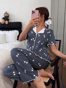 Dream Adore 條紋愛心印花法式浪漫休閒居家服套裝 - 藍色 - 查看 3
