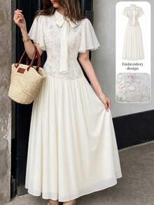 Modelyn Women's Lace-Up Waist Embroidered Patchwork Chiffon Dress Wedding Date Bachelorette Party Divorce Beige Summer Elegant Romantic Casual Flowy - Apricot - View 3