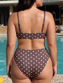 Swim Mod Plus Size Women 2-Piece Random Polka Dot Print Casual Swimwear Set - Brown - View 2