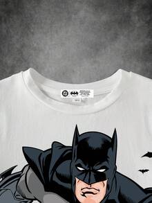 BATMAN X SHEIN 青少年男孩圆领短袖白色舒适休闲卡通英文字母图案T恤 - 白色 - 查看 3