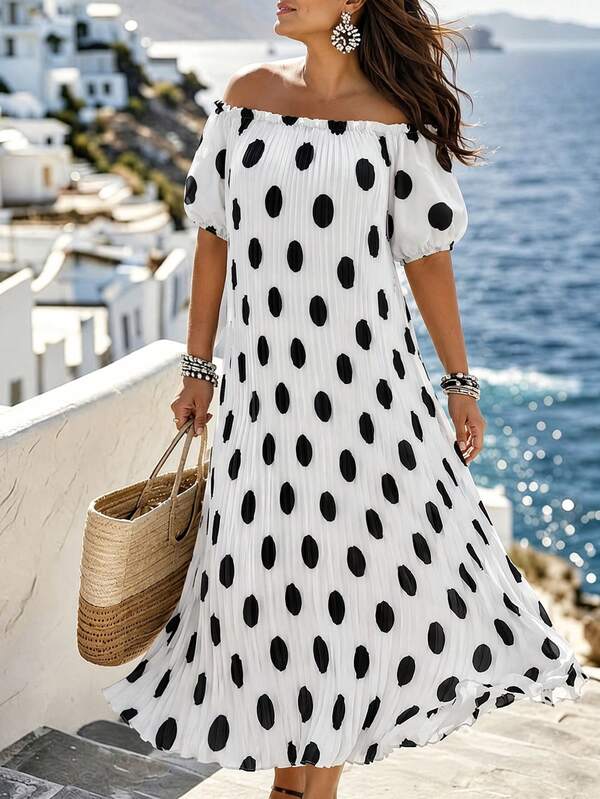 Ceyna Plus Size Women French Casual Elegant Polka Dot Off-Shoulder Short Sleeve Dress