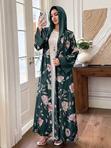 Al Najma 淺綠色花卉印花優雅日常通勤女款長袍 - 墨綠色 - 查看 4