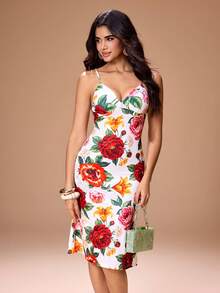 Shutterstock Glamance Women's Floral Print Mid-Length Dress, Elegant Mature Casual Sexy For Outings, Work, Office, Daily Wear, Gatherings, Parties, Birthdays, Vacations, Middle East Travel, Beach, Swimwear, Bohemian Style, Halloween, Back To School, Independence Day, Summer - White - View 5