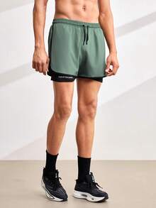 Driftmere 1pc Men's 2-In-1 Sports Shorts, Elastic Waist Casual Exercise Running Shorts With Lining, Spring/Summer - Army Green - View 1