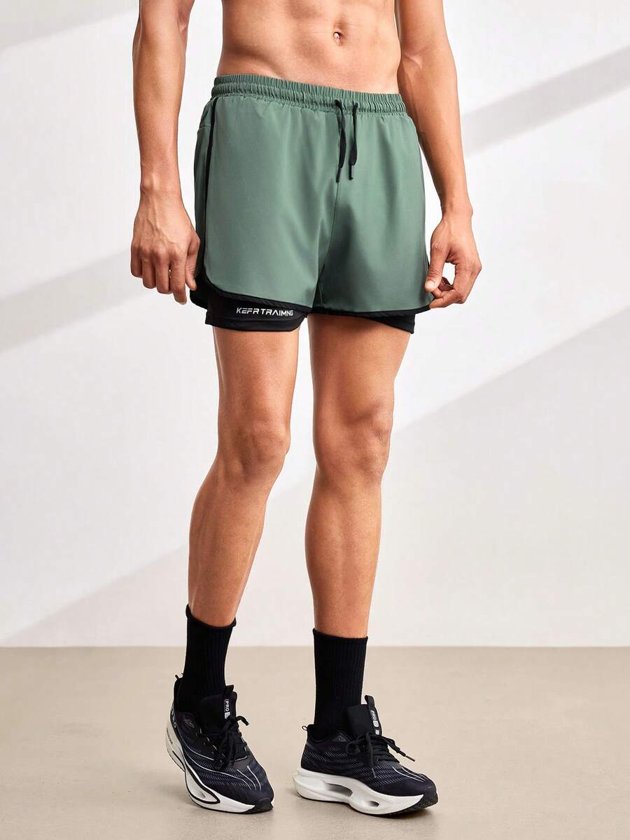 Driftmere 1pc Men's 2-In-1 Sports Shorts, Elastic Waist Casual Exercise Running Shorts With Lining, Spring/Summer - Army Green - View 1
