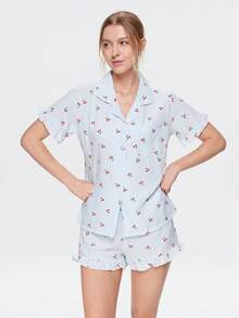 Bonmuse 3pcs Women's Cherry Striped Print Pajama Set With Pockets, Front Button, Ruffle Hem Short Sleeve Top And Shorts & Pants, Summer Sleepwear - Multicolor - View 5