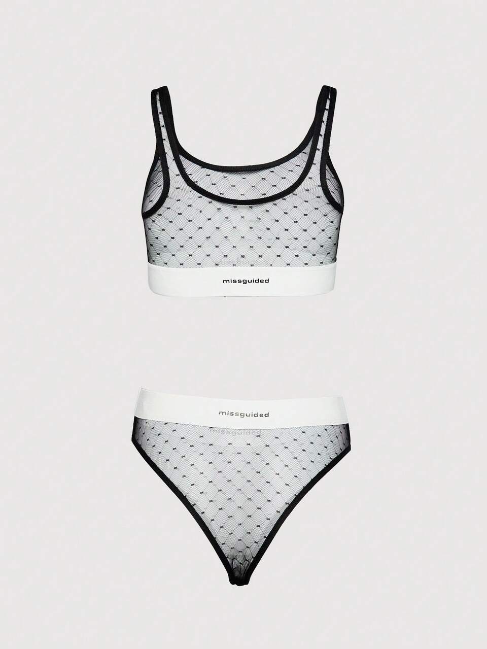 MISSGUIDED Mesh Bralette And Thong Set With Logo Band