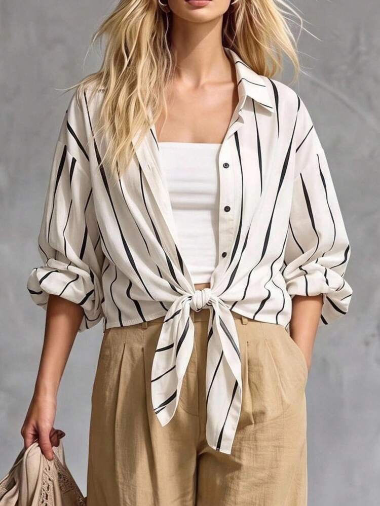 Linhara CURVE Camisa casual de manga larga de un solo pecho con hombros caídos y rayas para mujer de talla grande - Multicolor - Añade 8