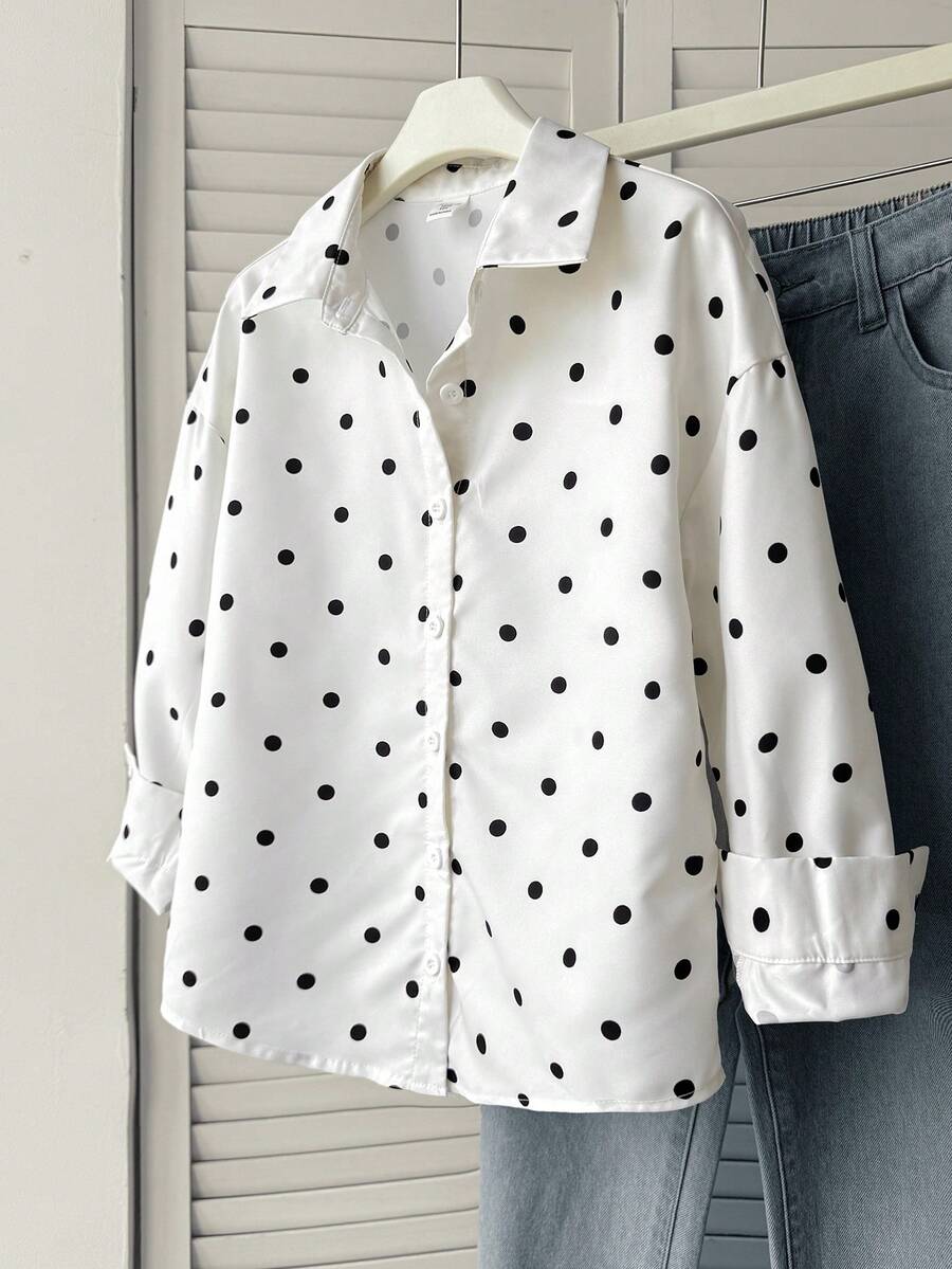 SHEIN Tween Girls Polka Dot Blouse Top, Versatile For Formal Occasions, Travel, Vacation, Street Wear, Suitable For Any Occasion, Sister Matching, Parent-Child Matching, Cute Girls Outfit - White - View 1