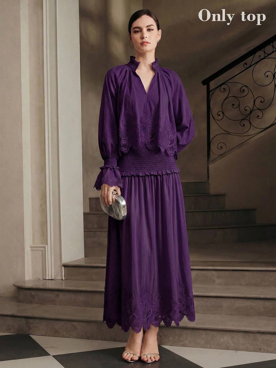 Anewsta Spring/Summer New Vacation Shirred Ruffle Hollow Lace Trim Romantic Elegant Women's Blouse