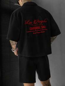 SLATEMANN Men's Embroidered Single-Breasted Short Sleeve Shirt And Pocket Drawstring Waist Shorts Set - Black - View 4