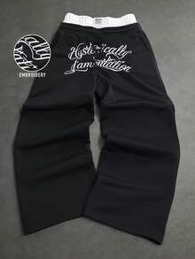 SLATEMANN 男士拼色腰帶字母刺繡運動長褲 - 黑色 - 查看 1