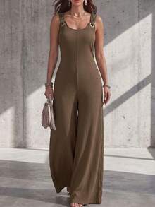 Weeklong Jumpsuit Rajut Tanpa Lengan Polos Wanita Ukuran Plus Musim Semi/Panas 2026, Rompi Santai Kasual dengan Tali O-Ring dan Kaki Lebar untuk Pakaian Sehari-hari & di Rumah - Coffee Brown - View 1