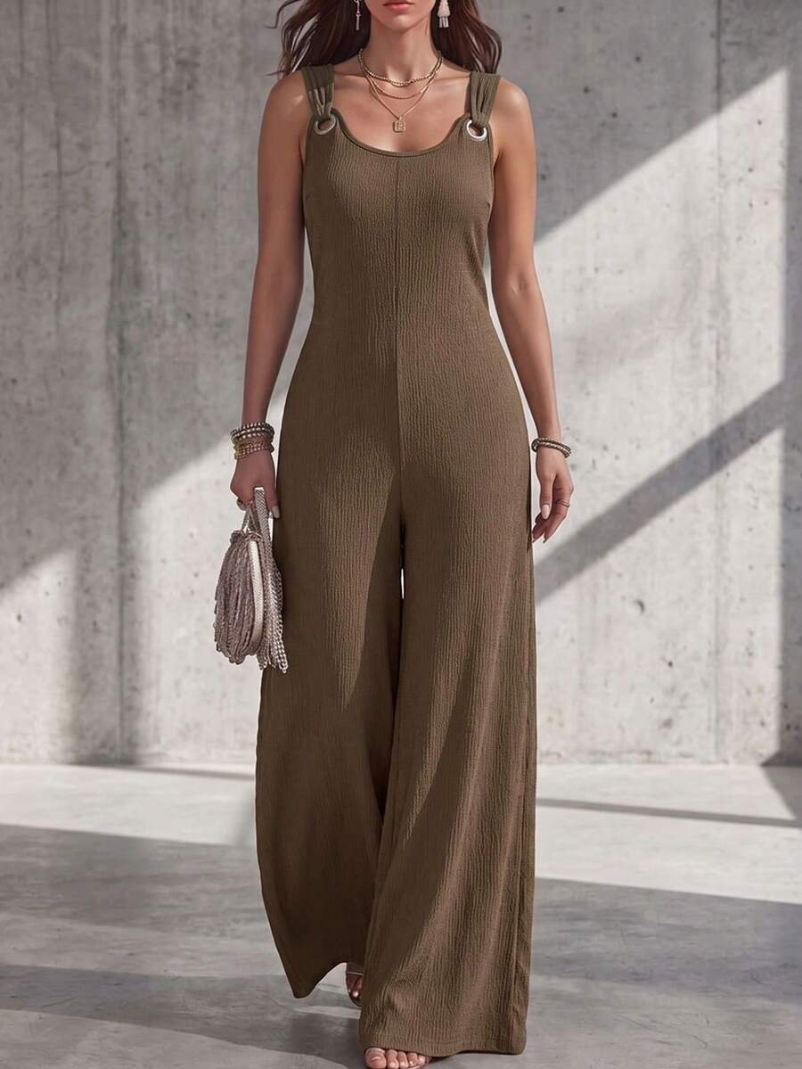 Weeklong Jumpsuit Rajut Tanpa Lengan Polos Wanita Ukuran Plus Musim Semi/Panas 2026, Rompi Santai Kasual dengan Tali O-Ring dan Kaki Lebar untuk Pakaian Sehari-hari & di Rumah - Coffee Brown - View 1