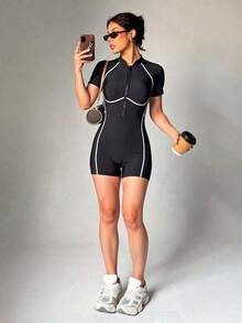 Sirith Dewbera High Elasticity Fitness Jumpsuit, Short Sleeve Short Shorts Workout Outfit, Backless Sports Jumpsuit With Zipper - Black - View 8