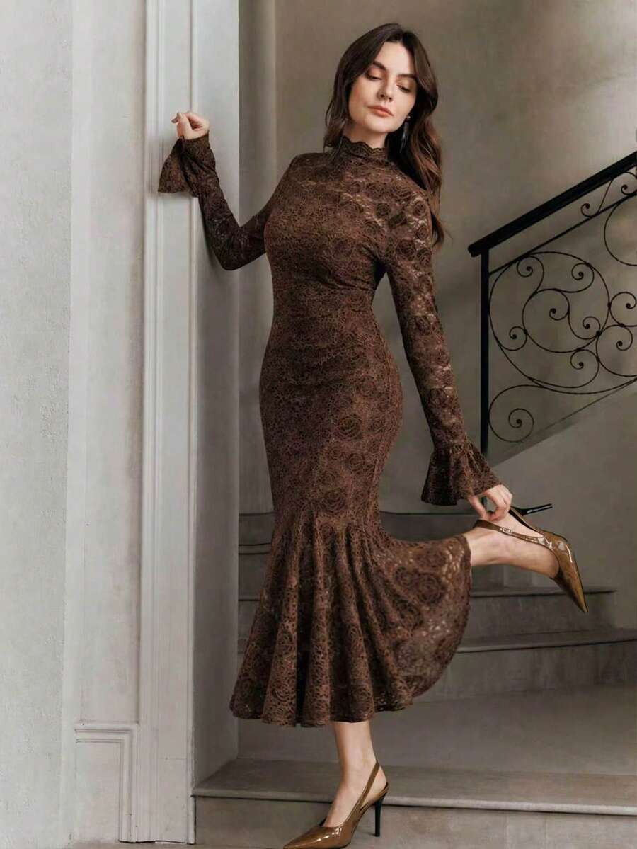 Anewsta 女士秋冬修身连衣裙,鱼尾裙摆,喇叭袖,酒红色蕾丝荷叶边领,优雅派对礼服,适合秋季、冬季、春季、新年、派对、婚礼等场合。 - 棕色 - 查看 1