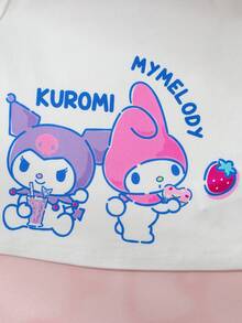HELLO KITTY AND FRIENDS | SHEIN 少女卡通印花條紋拼接圓領T恤與格紋短褲套裝 - 白色 - 查看 4