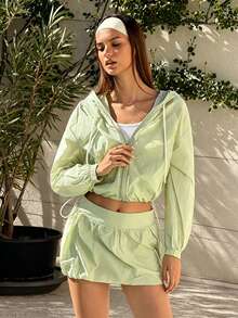Fluxe Women Mint Green UV Protection Zip Up Hooded Cropped Jacket Long Sleeve Lightweight Sun Protection Gym Running Hiking Athletic Sportswear - Mint Green - View 5