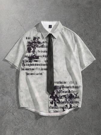 Street Life Teenager Jungen Slogan Muster einreihiges Kurzarm Hemd, Frühling/Sommer Stil, mit Krawatte