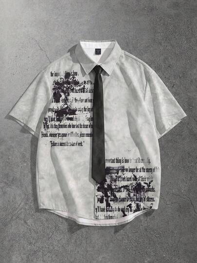 Street Life Teen Boy Slogan Print Single-Breasted Short Sleeve Shirt, Spring/Summer Style, Comes With Tie