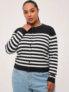 EMERY ROSE Plus Size Women's Striped Colorblock Casual Daily Cardigan Winter - Black and White - View 3
