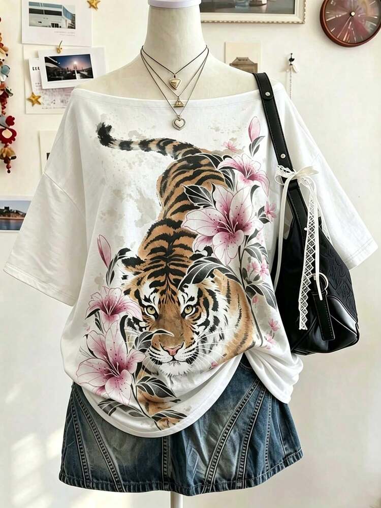 DrmWander Plus Size Women's Tiger Digital Print Loose Off-Shoulder Drop Shoulder T-Shirt - Multicolor - View 1