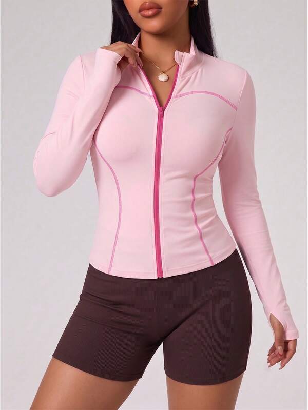 SHEIN Rhythm Era Autumn/Winter Plus Size Women's Sports Jacket, Macaron Pink, Fitted, Stand Collar, Contrast Color, Color-Block Design With Thumbholes, Suitable For Casual Wear, Running, Yoga, Gym, Tennis, Golf, Etc.