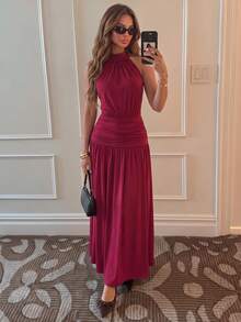 Sunnyshic Women's Summer Burgundy Knitted High Elastic Dress Mid-Neck Halter Tie Back Open Back Cinched Waist A-Line Elegant Tea Party Dinner Date Wedding - Burgundy - View 1