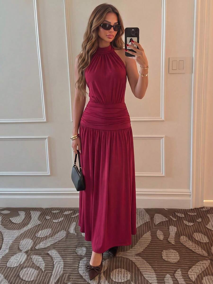 Sunnyshic Women's Summer Burgundy Knitted High Elastic Dress Mid-Neck Halter Tie Back Open Back Cinched Waist A-Line Elegant Tea Party Dinner Date Wedding - Burgundy - View 1