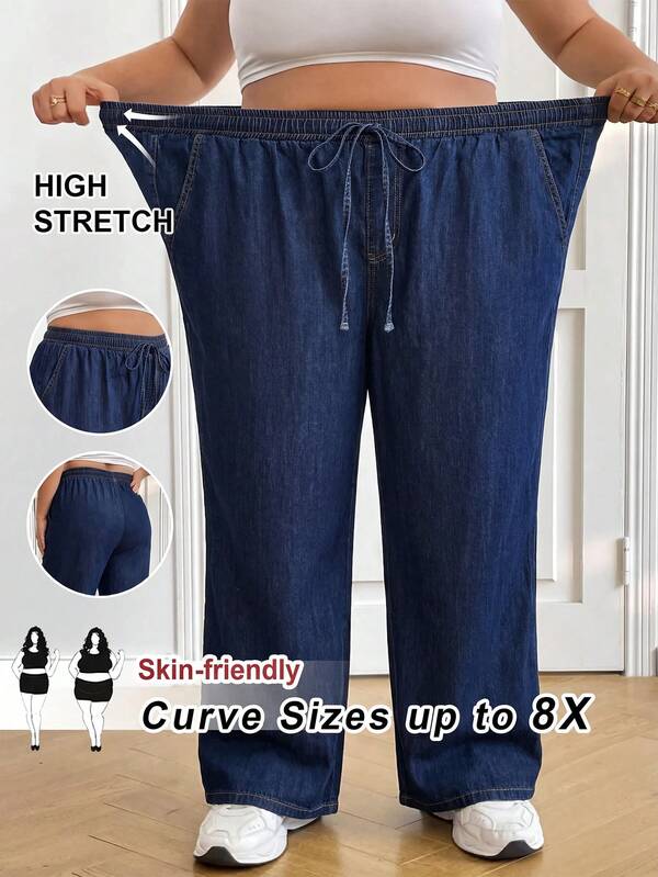 SHEIN CURVE+ CURVE Plus Size Women's Waist Tie Loose Casual Denim Jeans Cowgirl Outfit For Women