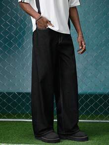 EVRINFINITE Casual Loose Fit Wide Leg Jeans With Back Pocket Star & Letter Embroidery Design - Black - View 6