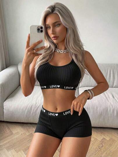 SuitURBody Yoga Ladies' Bra & Boyshorts Underwear Set With Letter-Printed Elastic Tape