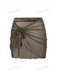 Swim Shayni 女款短袖前拉鍊連體布基尼，附網格綁帶短褲，黑色保守海灘度假泳衣，春/夏 - 鏽棕色 - 查看 5