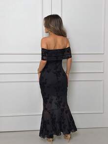 Jemour Women's Floral Mesh Ruffle Off-Shoulder Fitted Mermaid Hem Elegant Dress Sundress Cocktail Dress Black - Black - View 2