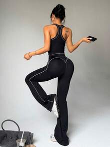 StreetHx Women's Seamless Black Tight Fit Sports 2 Pieces Set Tank Top & Flare Pants - Black and White - View 2