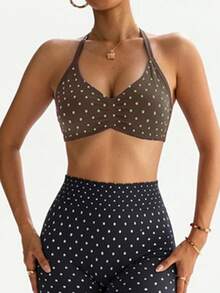 SHEIN Velisys 女款無縫波點抓皺休閒日常運動內衣 - 咖啡棕 - 查看 4