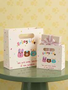Joivida Cute Cartoon Animal Portable Gift Paper Tote Bags, Lovely Rabbit Bear Cat Print Handheld Packaging Bag With Colorful Confetti Dot, Enjoy Life Letter Print Storage Bag For Birthday Party Favors, Wedding, Graduation, Holiday Gift Wrap - View 4