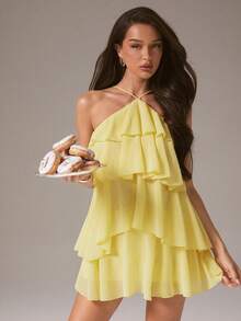 L'Amorae Women's Romantic Wedding Guest Solid Color Backless Multi-Layer Chiffon Mini Dress, Elegant Formal Dress, Chic, New Year, Party, Birthday Dress - Yellow - View 2