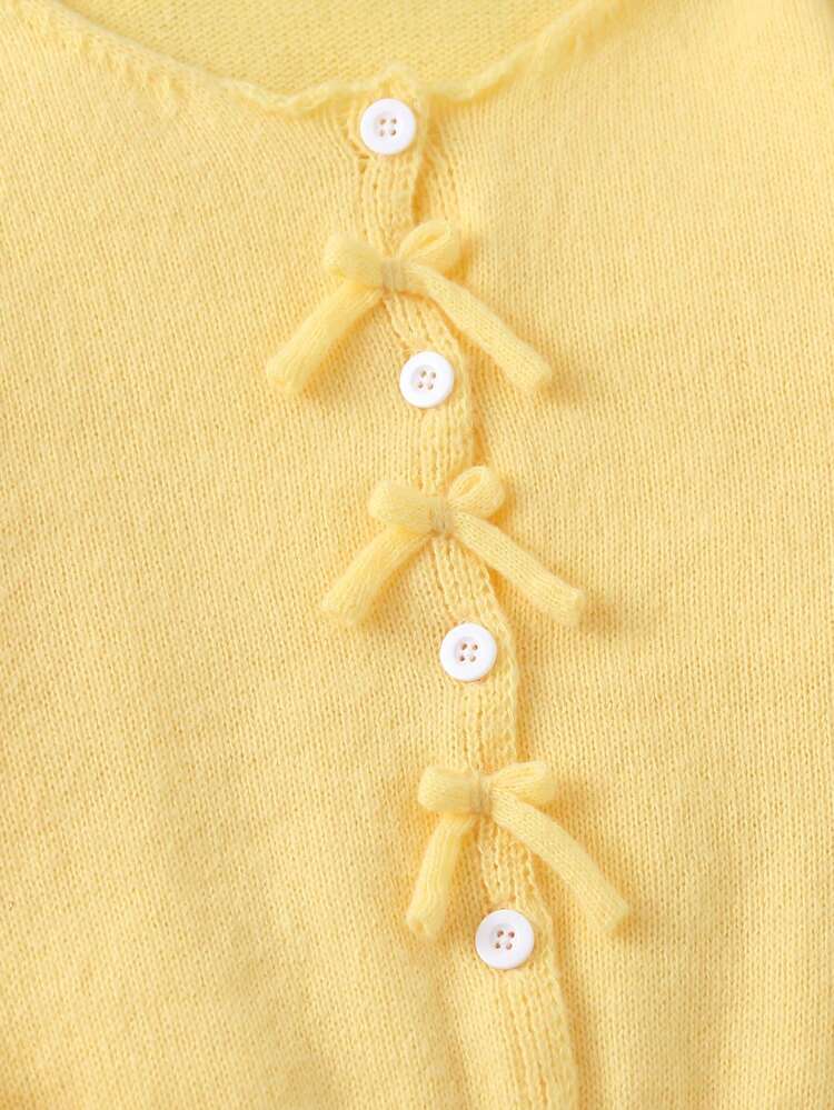 少女杏色提花圓領開襟毛衣，毛毛飾邊蝴蝶結＋手工編織蝴蝶結＋隱扣長袖短版針織衫，柔軟舒適，適合春秋冬季外出、旅行、度假、居家、托兒所及兒童玩耍 - 黃色 - 查看 6